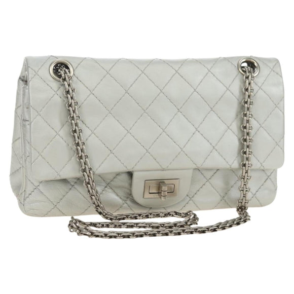 CHANEL 2.55 Chain Shoulder Bag Lamb Skin Silver CC Auth 181385SAM