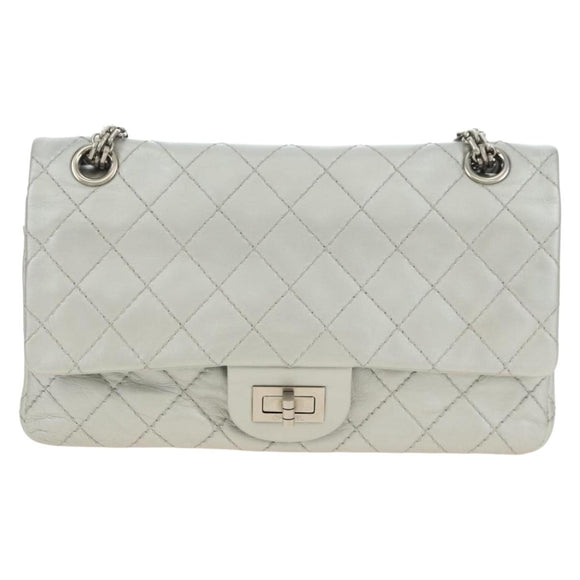 CHANEL 2.55 Chain Shoulder Bag Lamb Skin Silver CC Auth 181385SAM