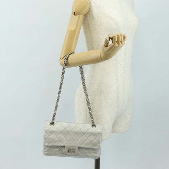 CHANEL 2.55 Chain Shoulder Bag Lamb Skin Silver CC Auth 181385SAM