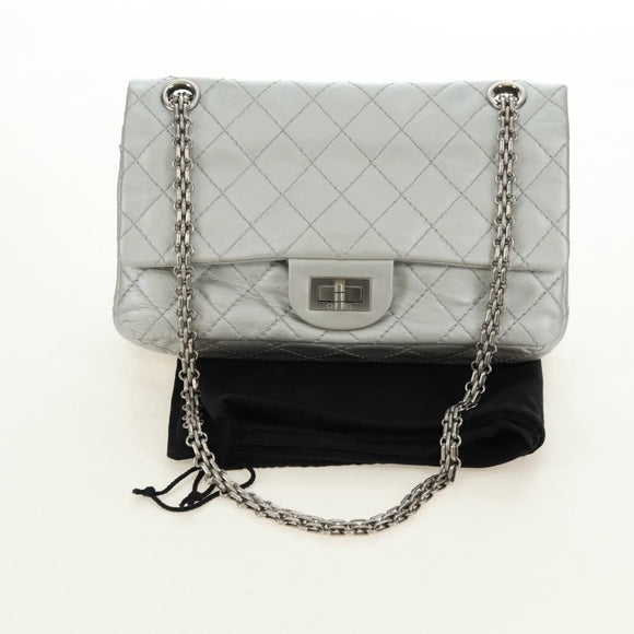 CHANEL 2.55 Chain Shoulder Bag Lamb Skin Silver CC Auth 181385SAM