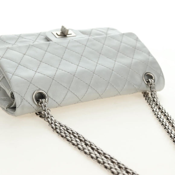 CHANEL 2.55 Chain Shoulder Bag Lamb Skin Silver CC Auth 181385SAM