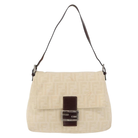 FENDI Zucca Canvas Mamma Baguette Shoulder Bag Ivory Silver Auth 181410A