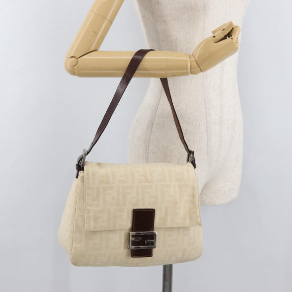FENDI Zucca Canvas Mamma Baguette Shoulder Bag Ivory Silver Auth 181410A