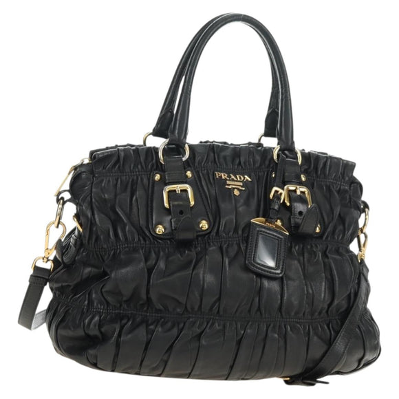 PRADA Hand Bag Leather 2way Black Gold Auth 181413V