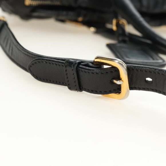 PRADA Hand Bag Leather 2way Black Gold Auth 181413V
