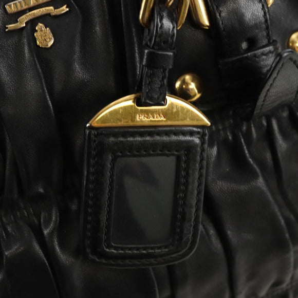 PRADA Hand Bag Leather 2way Black Gold Auth 181413V