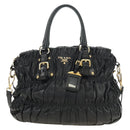 PRADA Hand Bag Leather 2way Black Gold Auth 181413V-13