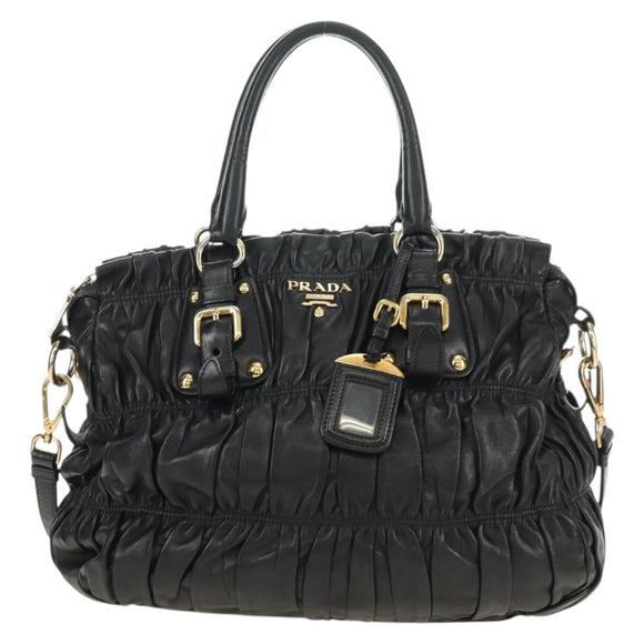 PRADA Hand Bag Leather 2way Black Gold Auth 181413V