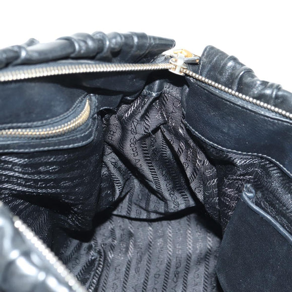 PRADA Hand Bag Leather 2way Black Gold Auth 181413V