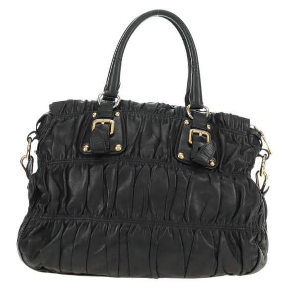 PRADA Hand Bag Leather 2way Black Gold Auth 181413V