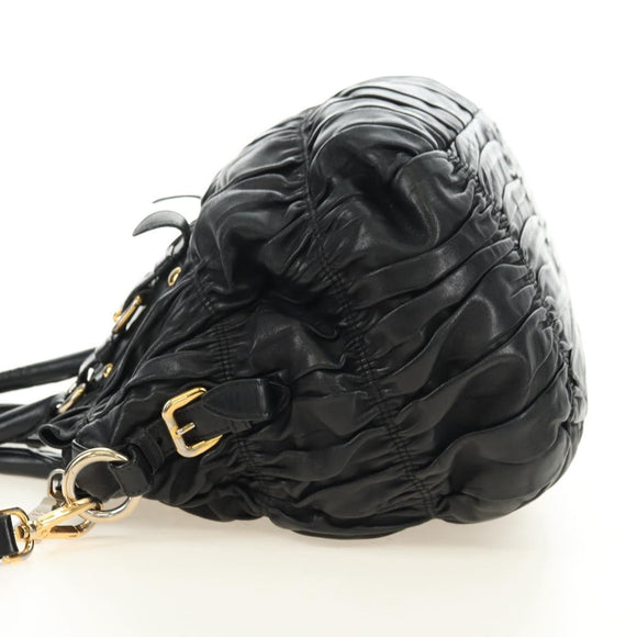 PRADA Hand Bag Leather 2way Black Gold Auth 181413V