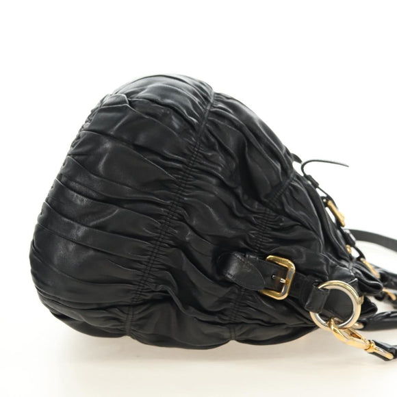 PRADA Hand Bag Leather 2way Black Gold Auth 181413V