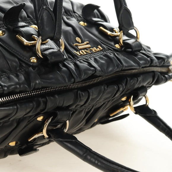 PRADA Hand Bag Leather 2way Black Gold Auth 181413V