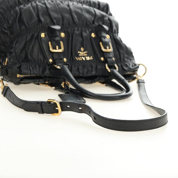 PRADA Hand Bag Leather 2way Black Gold Auth 181413V