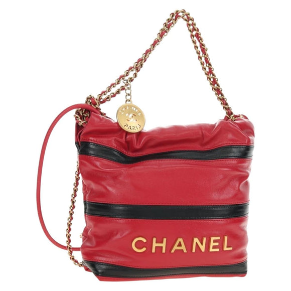 CHANEL Chain Chanel 22 Mini Bag Lamb Skin 2way Red Gold CC Auth 181415SM