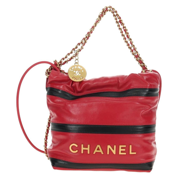 CHANEL Chain Chanel 22 Mini Bag Lamb Skin 2way Red Gold CC Auth 181415SM