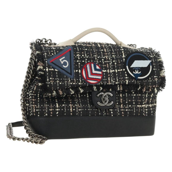 CHANEL Airline Chain Shoulder Bag Tweed 2way Black Silver CC Auth 181416SM