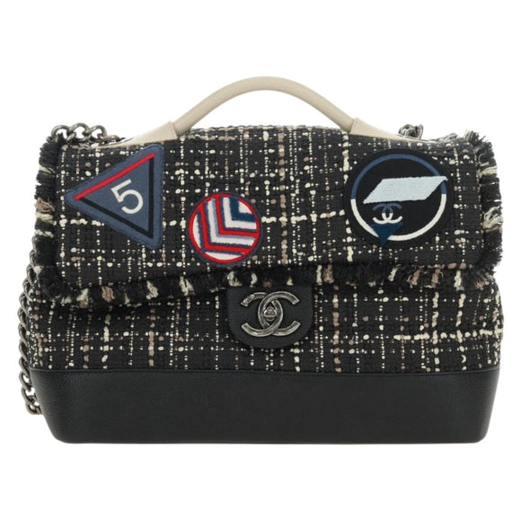 CHANEL Airline Chain Shoulder Bag Tweed 2way Black Silver CC Auth 181416SM