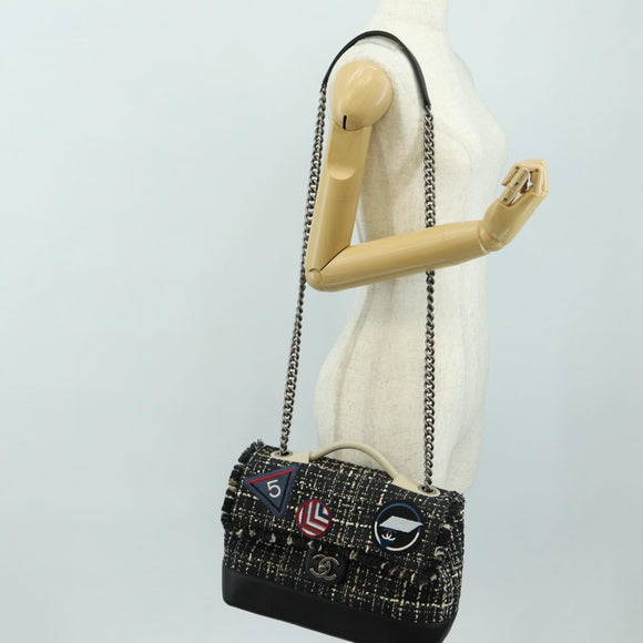 CHANEL Airline Chain Shoulder Bag Tweed 2way Black Silver CC Auth 181416SM