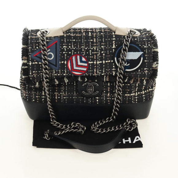 CHANEL Airline Chain Shoulder Bag Tweed 2way Black Silver CC Auth 181416SM