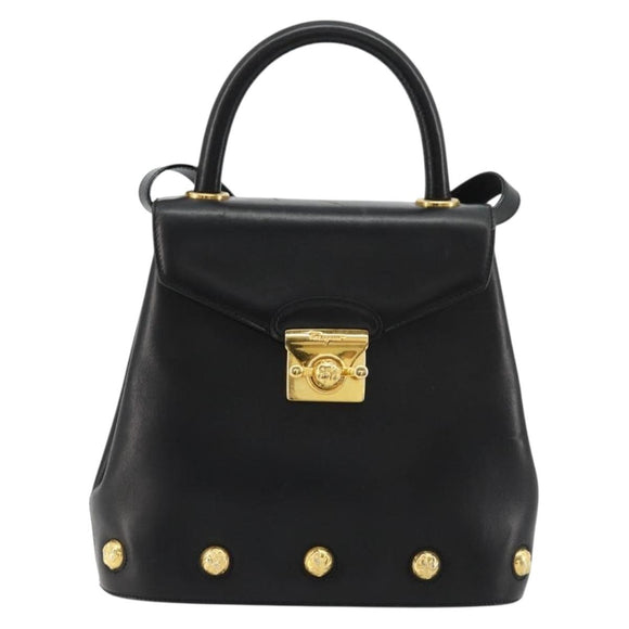 Salvatore Ferragamo Gancini Hand Bag Leather 2way Black Gold Auth 181422A