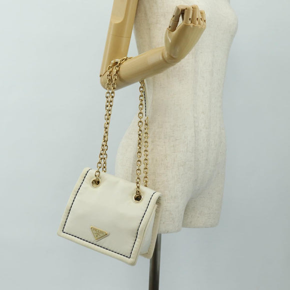 PRADA Chain Shoulder Bag Nylon White Gold Auth 181426V