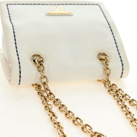 PRADA Chain Shoulder Bag Nylon White Gold Auth 181426V