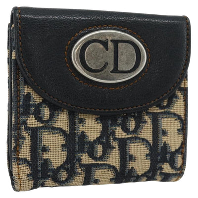 Christian Dior Trotter Canvas Compact Wallet Navy Silver Auth 181463A