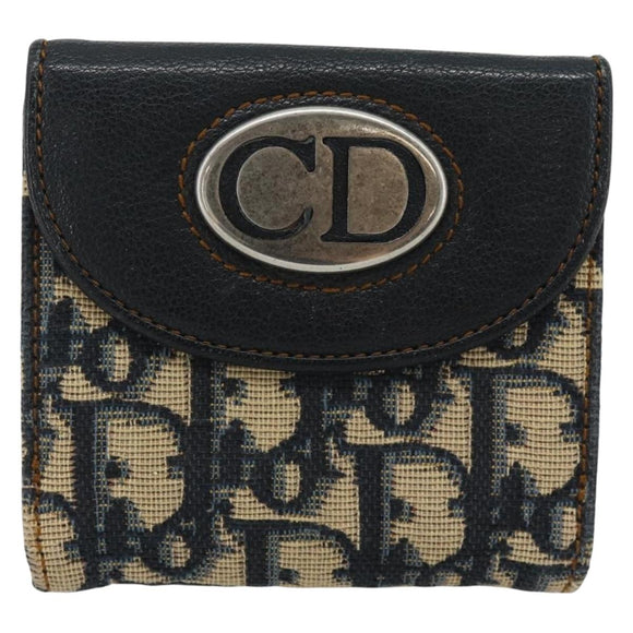 Christian Dior Trotter Canvas Compact Wallet Navy Silver Auth 181463A