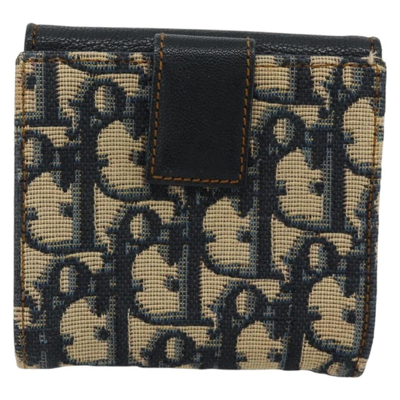 Christian Dior Trotter Canvas Compact Wallet Navy Silver Auth 181463A