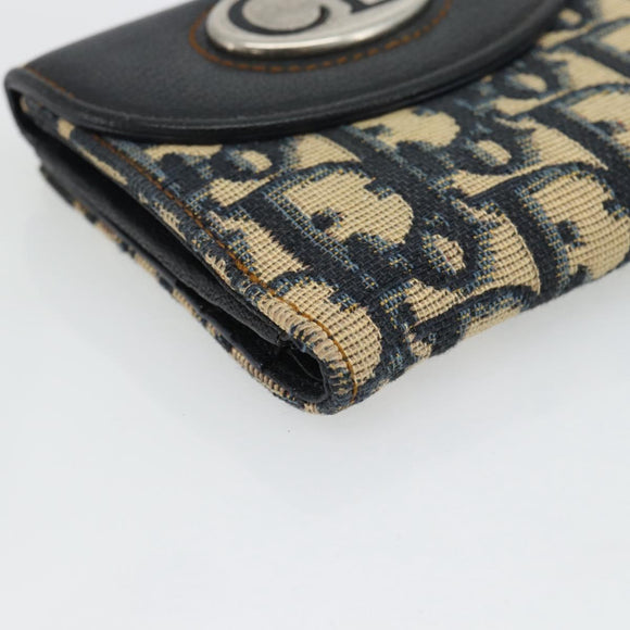 Christian Dior Trotter Canvas Compact Wallet Navy Silver Auth 181463A