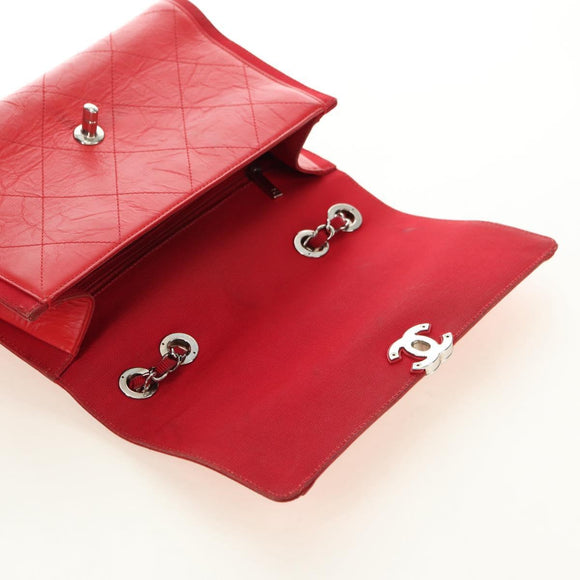 CHANEL Chain Shoulder Bag Calf Skin Red Silver CC Auth 181465M