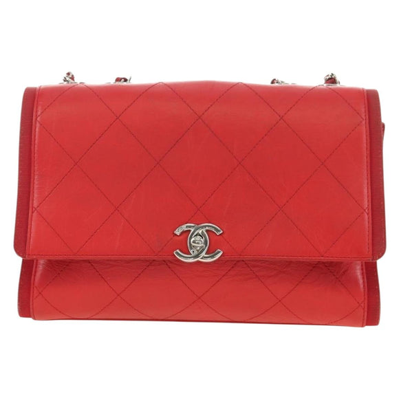 CHANEL Chain Shoulder Bag Calf Skin Red Silver CC Auth 181465M