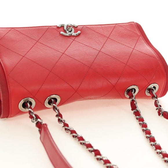 CHANEL Chain Shoulder Bag Calf Skin Red Silver CC Auth 181465M