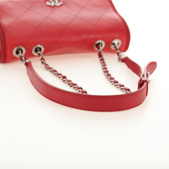 CHANEL Chain Shoulder Bag Calf Skin Red Silver CC Auth 181465M