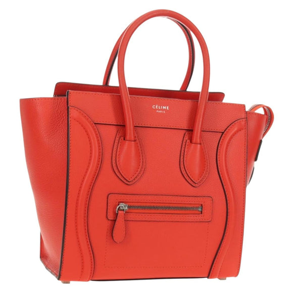 CELINE Luggage Micro Shopper Hand Bag Leather Orange Silver Auth 181472SM