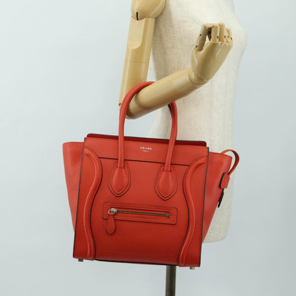 CELINE Luggage Micro Shopper Hand Bag Leather Orange Silver Auth 181472SM
