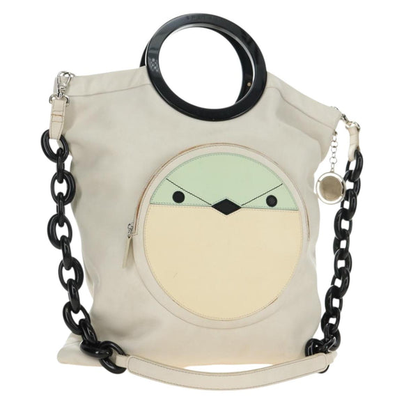CELINE Chain Shoulder Bag Leather 2way White Silver Auth 181478V