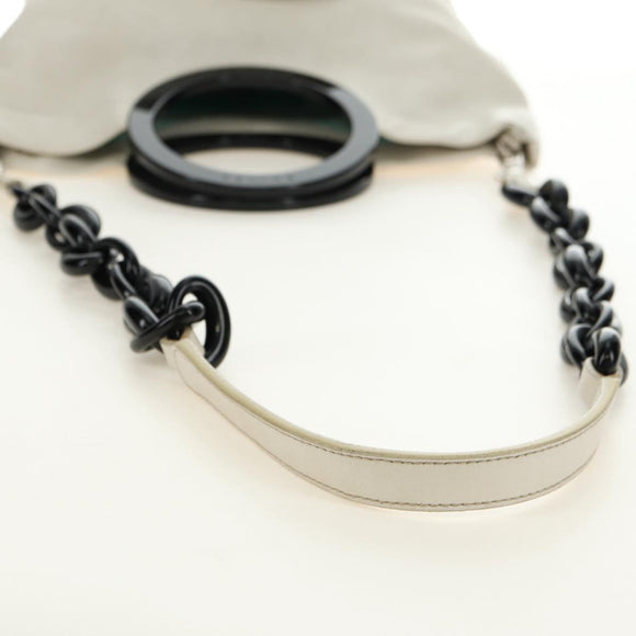 CELINE Chain Shoulder Bag Leather 2way White Silver Auth 181478V