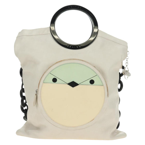 CELINE Chain Shoulder Bag Leather 2way White Silver Auth 181478V