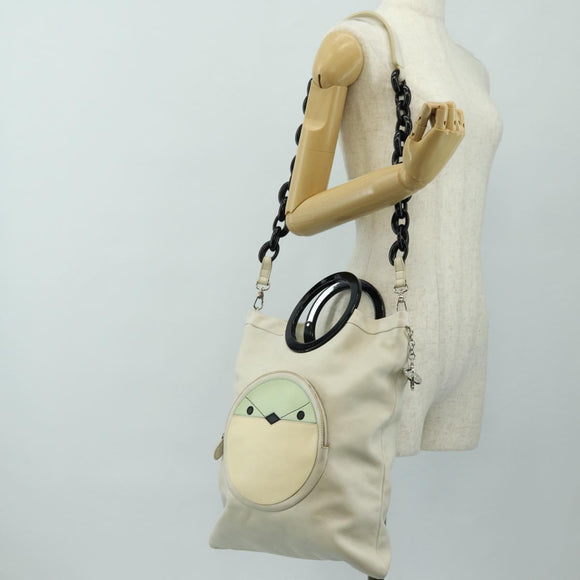 CELINE Chain Shoulder Bag Leather 2way White Silver Auth 181478V