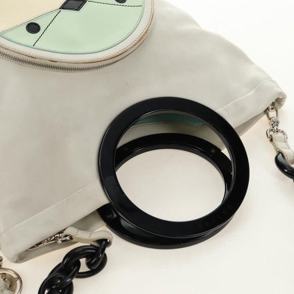 CELINE Chain Shoulder Bag Leather 2way White Silver Auth 181478V