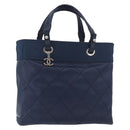 CHANEL Paris Biarritz MM Tote Bag Coated Canvas Navy Silver CC Auth 181519SAV-1