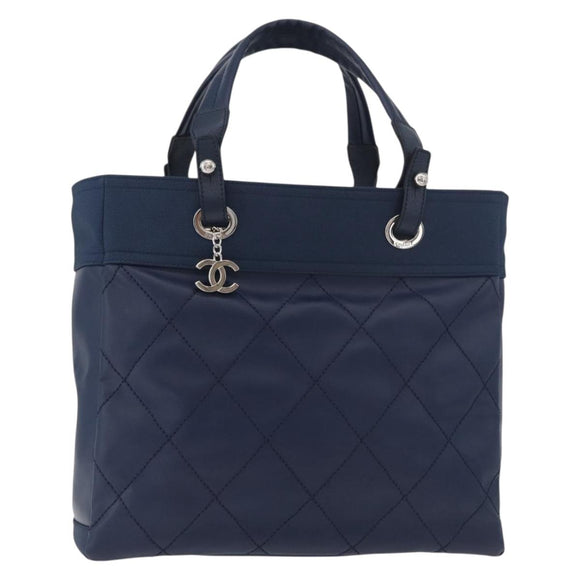 CHANEL Paris Biarritz MM Tote Bag Coated Canvas Navy Silver CC Auth 181519SAV