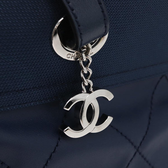 CHANEL Paris Biarritz MM Tote Bag Coated Canvas Navy Silver CC Auth 181519SAV