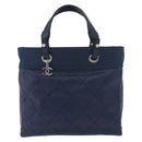 CHANEL Paris Biarritz MM Tote Bag Coated Canvas Navy Silver CC Auth 181519SAV-13