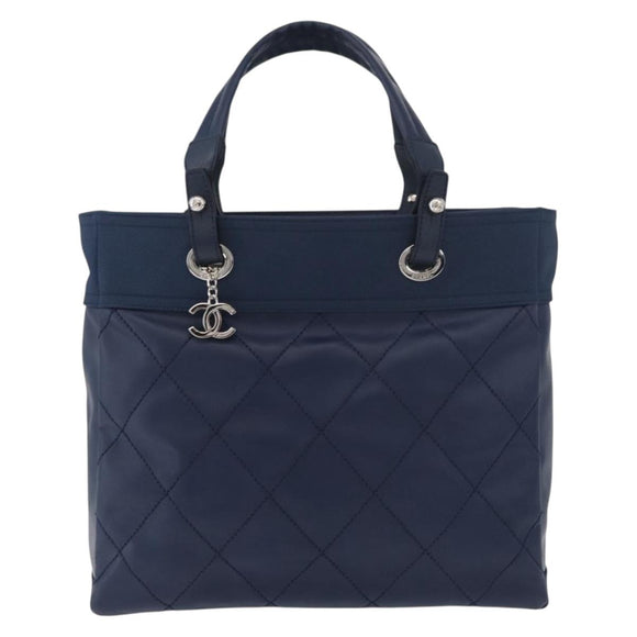 CHANEL Paris Biarritz MM Tote Bag Coated Canvas Navy Silver CC Auth 181519SAV