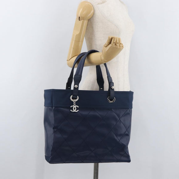 CHANEL Paris Biarritz MM Tote Bag Coated Canvas Navy Silver CC Auth 181519SAV