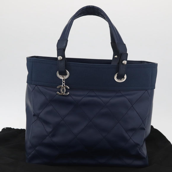 CHANEL Paris Biarritz MM Tote Bag Coated Canvas Navy Silver CC Auth 181519SAV