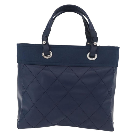 CHANEL Paris Biarritz MM Tote Bag Coated Canvas Navy Silver CC Auth 181519SAV